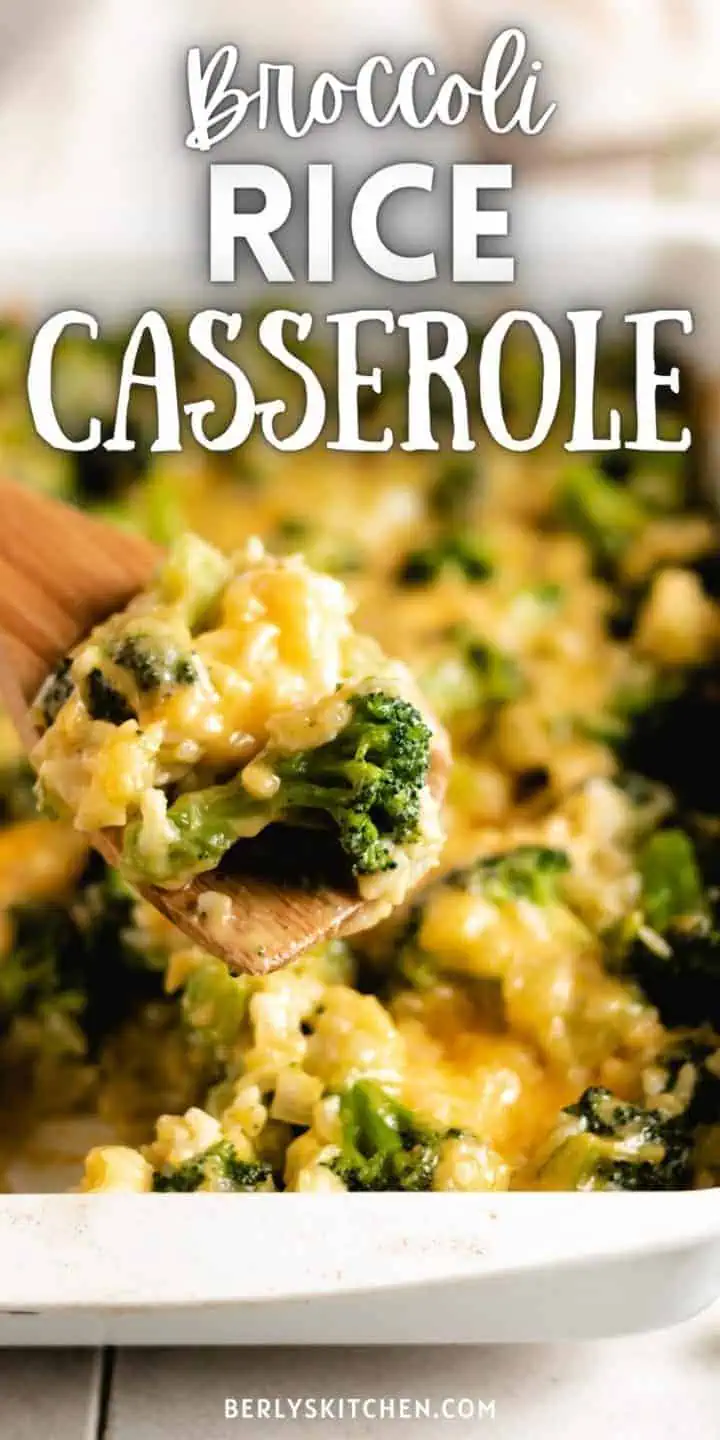 Broccoli rice casserole on a wooden spoon.