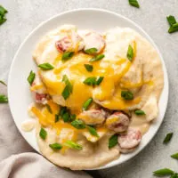 Crockpot pierogi and kielbasa casserole on a plate.  