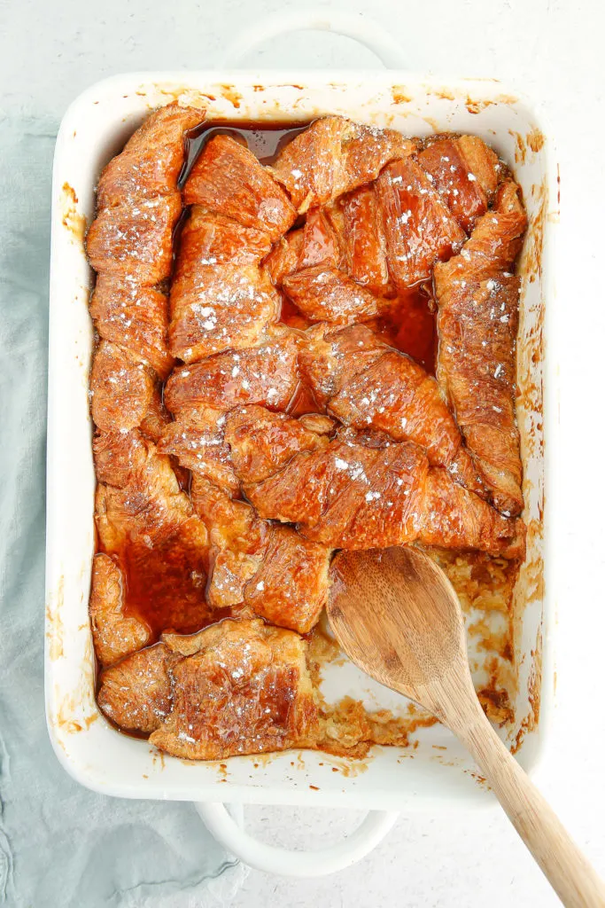 Top down view of a croissant bake in a pan.