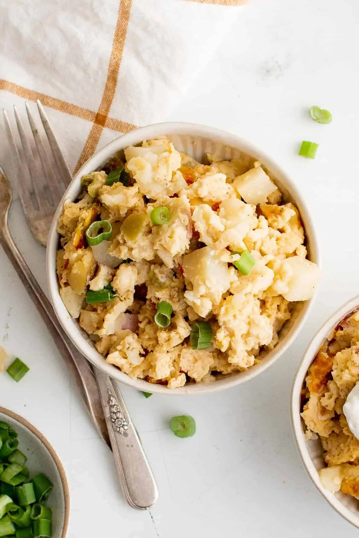 Large serving of breakfast casserole in a bowl.