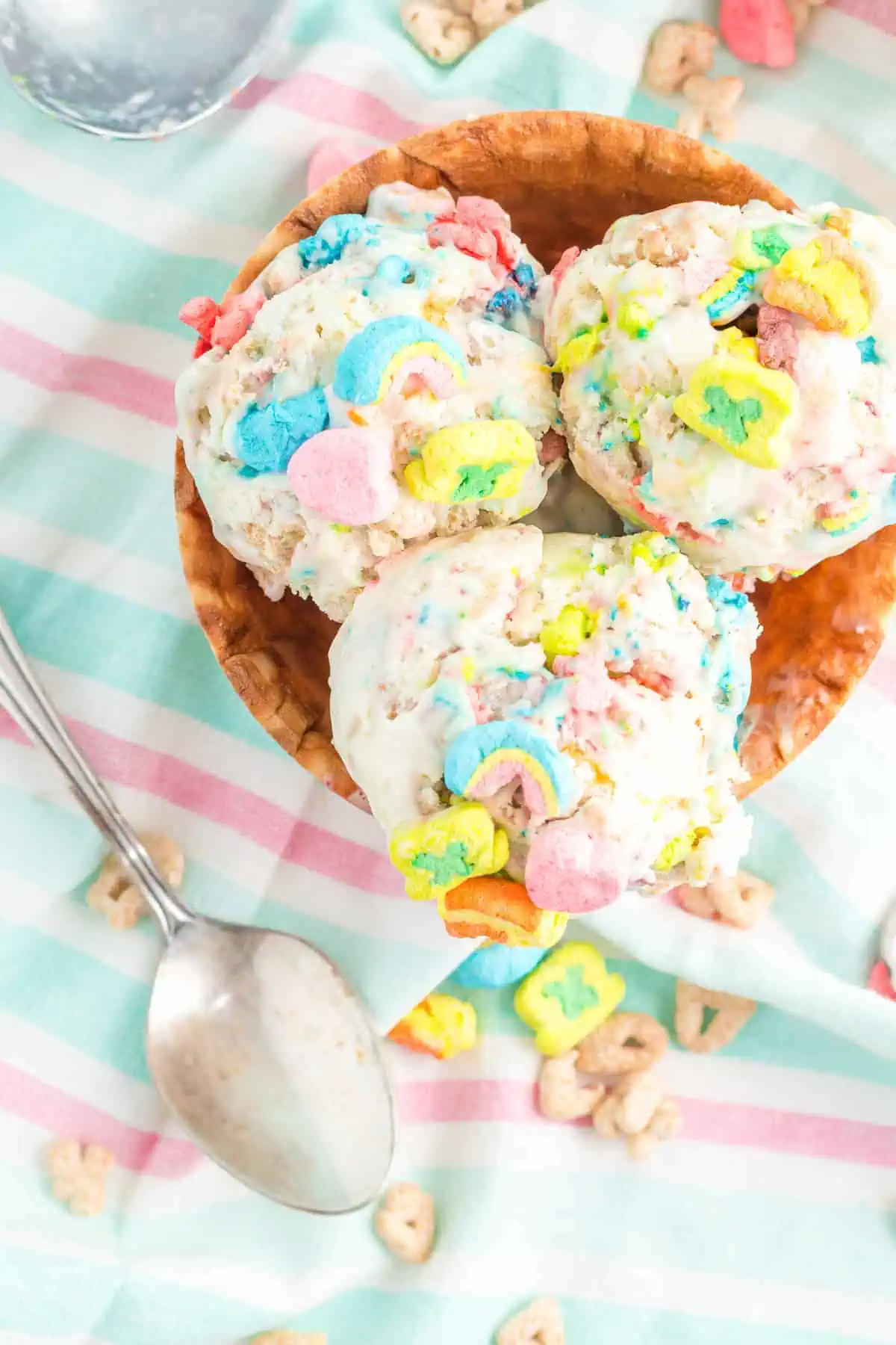 Ice cream in a waffle cone bowl.