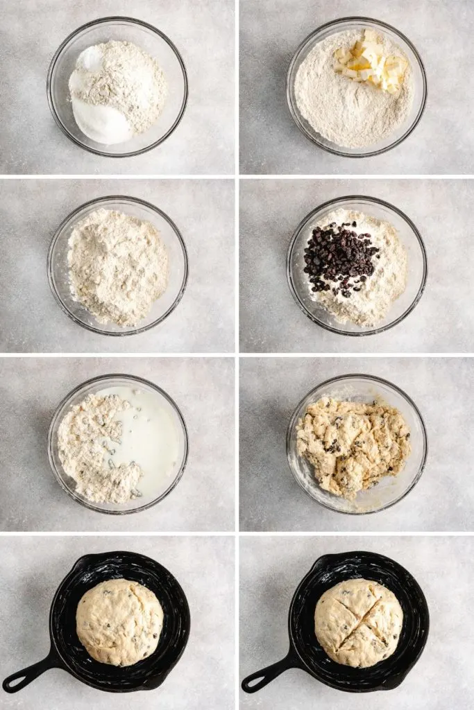 Collage showing how to make irish soda bread.