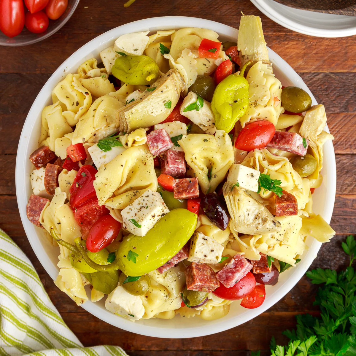 Antipasto pasta salad in a serving dish.