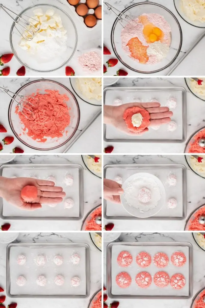 Collage showing how to make strawberry cake mix cookies.