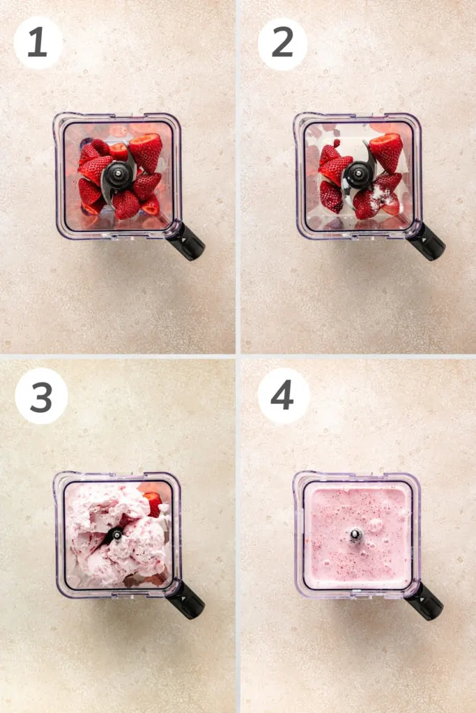 Collage showing how to make a strawberry milkshake.