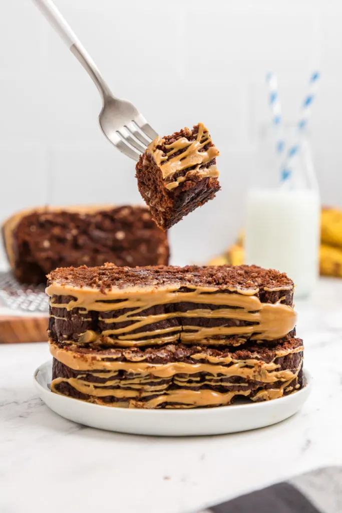 Bite of chocolate peanut butter bread on a fork.