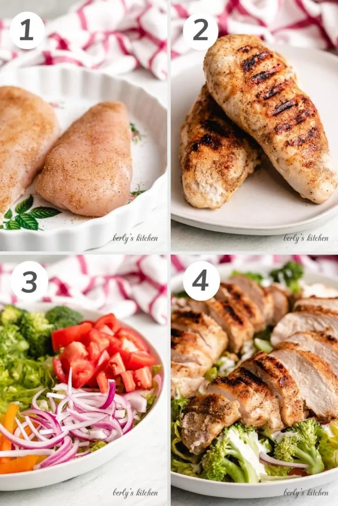 Collage showing how to make a grilled chicken salad.