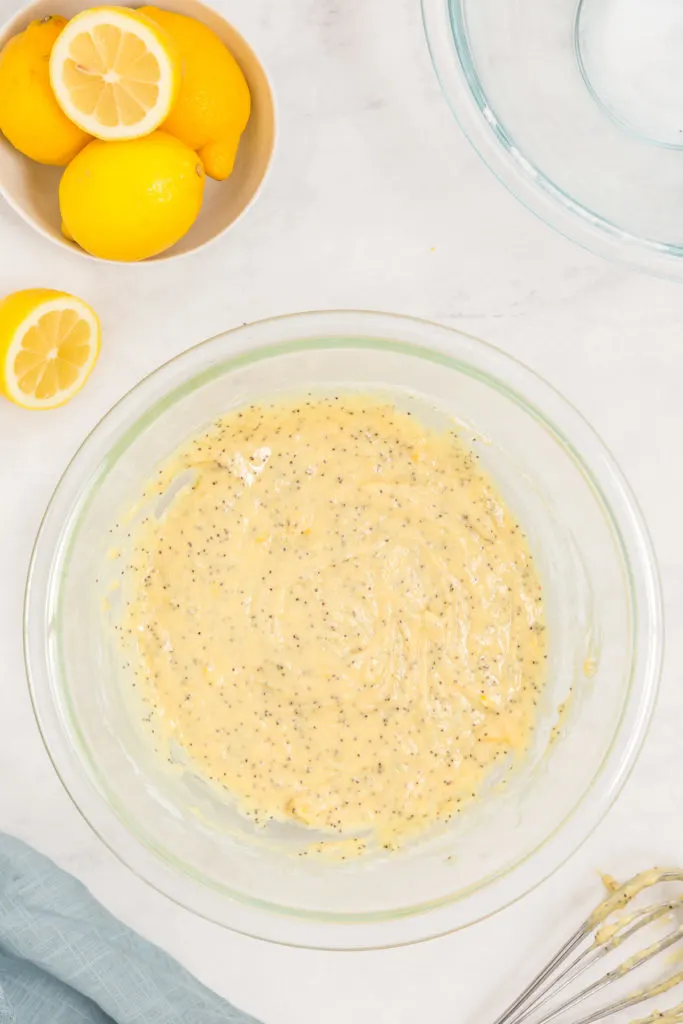 Lemon poppy seed batter in a bowl.