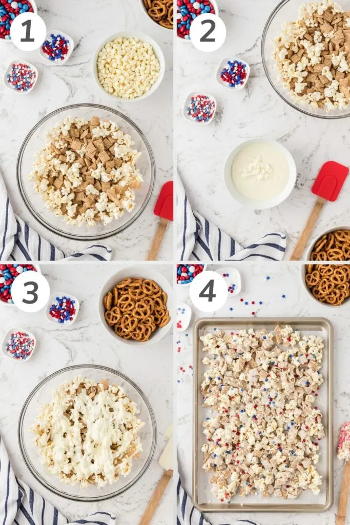 Collage showing how to make 4th of july snack mix.