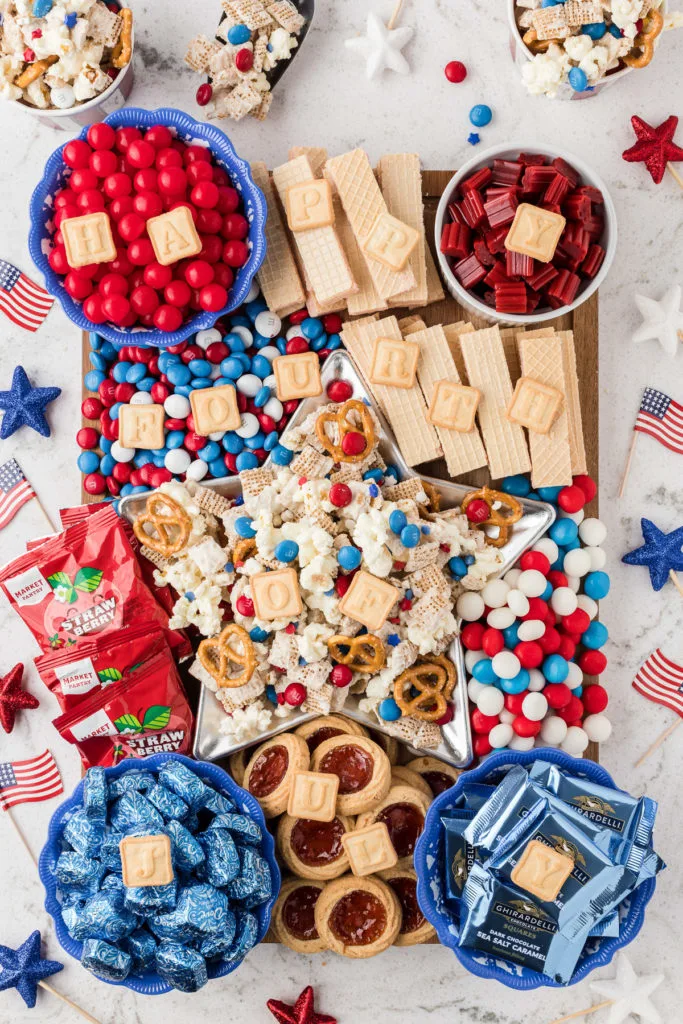 4th of july snack board with decorations.