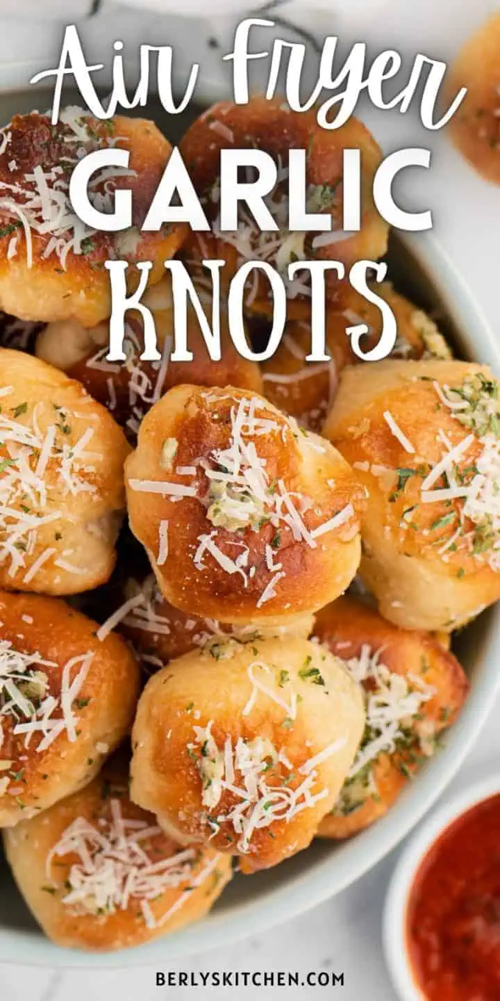 Top down view of a bowl of air fryer garlic bites.