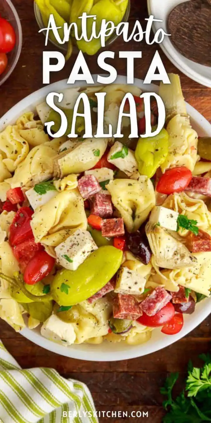 Top down view of antipasto pasta salad in a bowl.