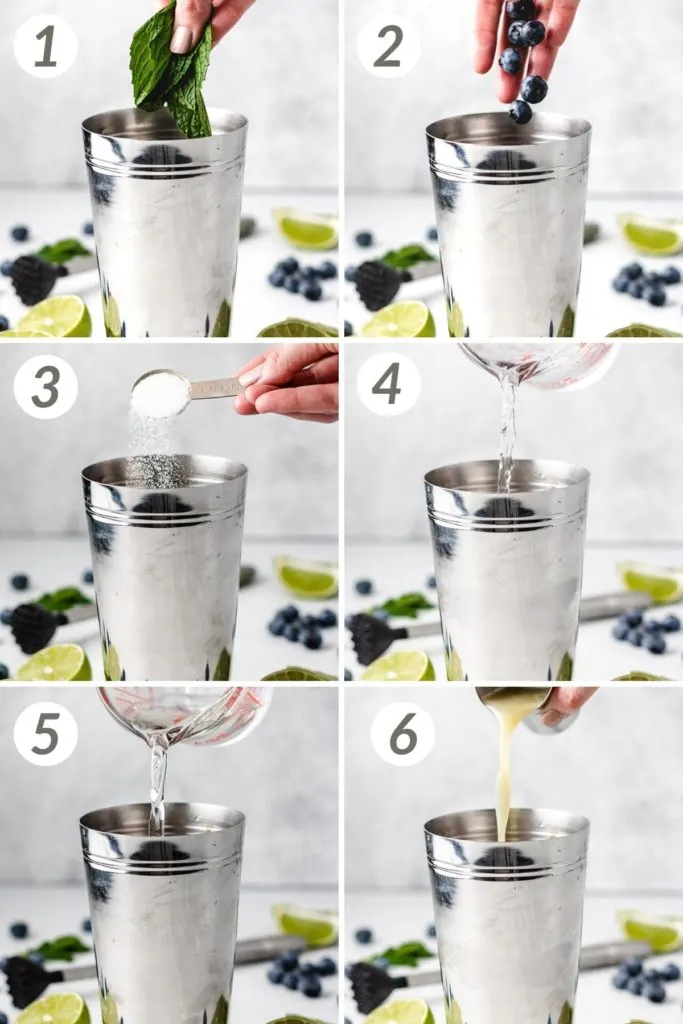 Collage showing how to make a blueberry mojito.