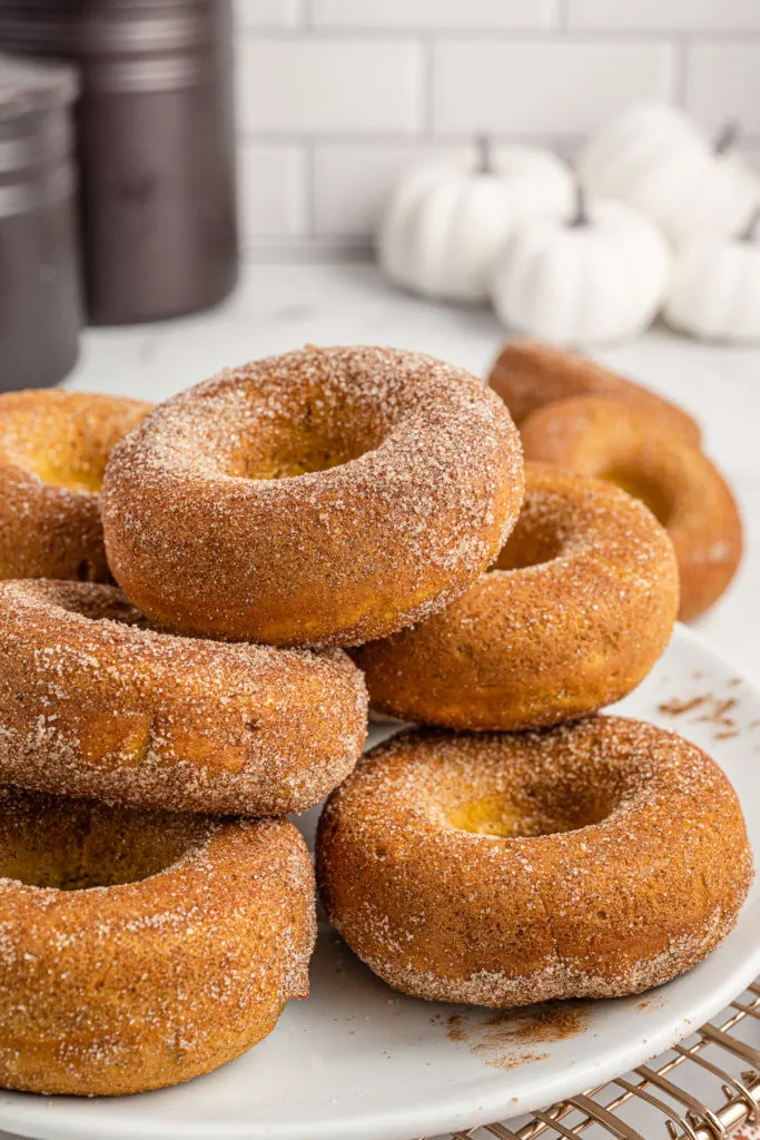 Plate of cinnamon sugar pumpkin donuts.