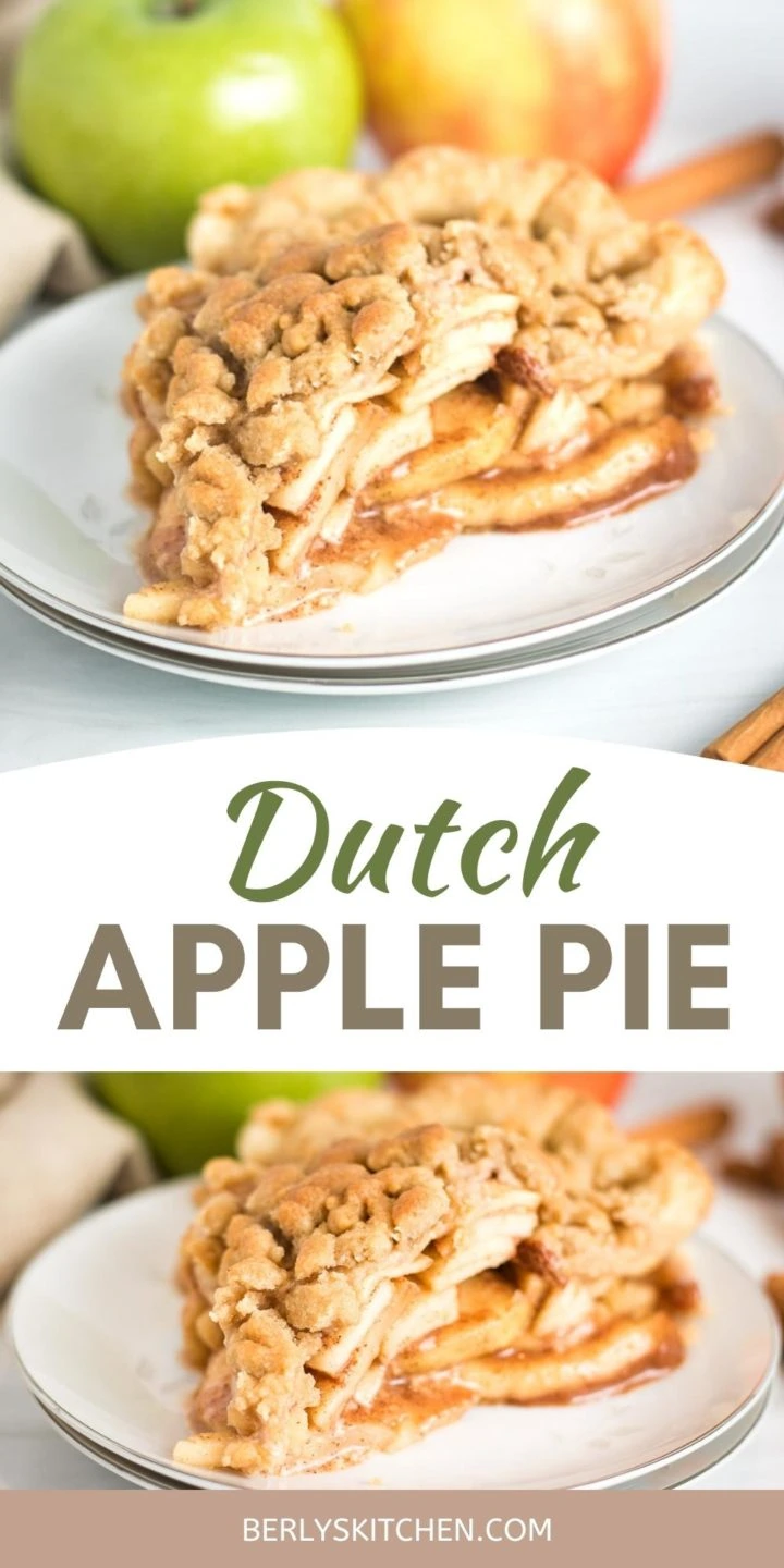 Two photos of dutch apple pie on a white plate.