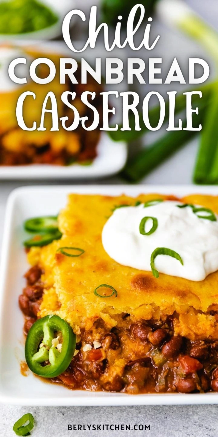 Chili casserole with cornbread on a plate.