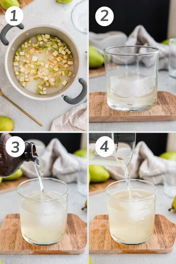 Collage showing how to make a ginger pear cocktail.