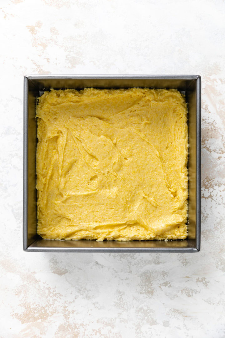 Cornbread batter in a pan.