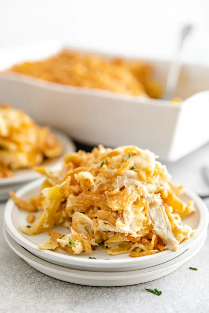 French onion chicken casserole on a plates.