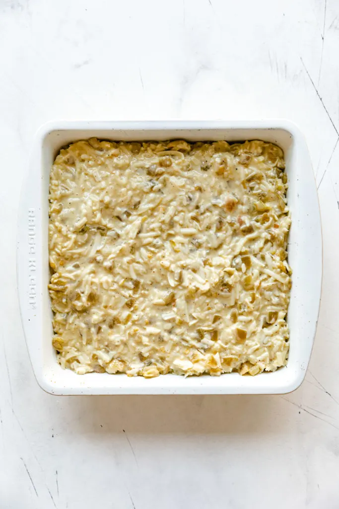 Unbaked casserole in a pan.