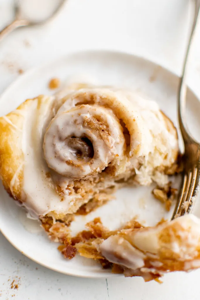 Close up view of a cinnamon roll on a plate.