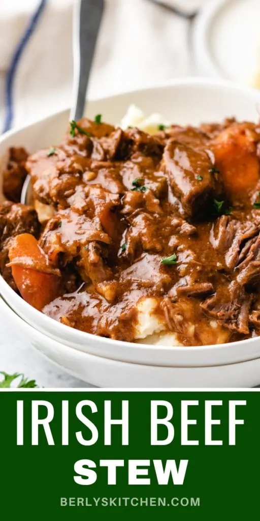 Side view of two stacked bowls filled with irish beef stew.