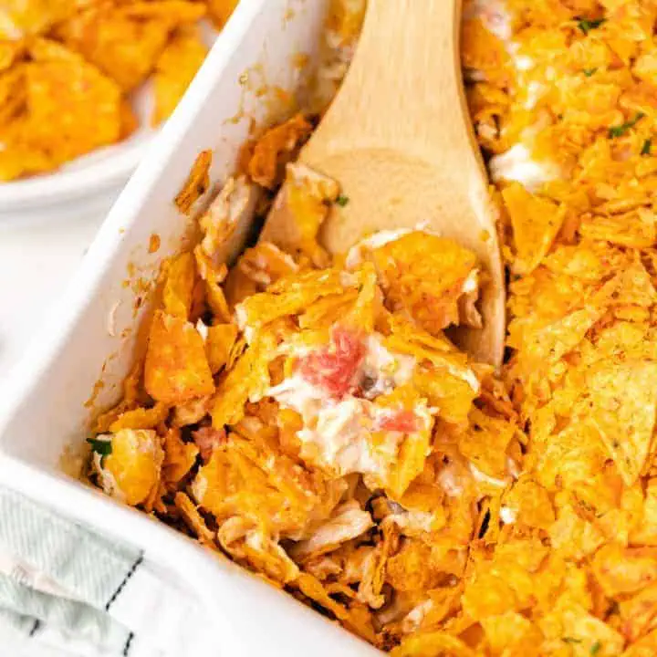 Close up view of chicken casserole in a baking dish.