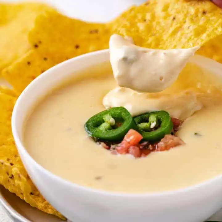 Close up view of a chip dipping into a bowl of cheese dip.