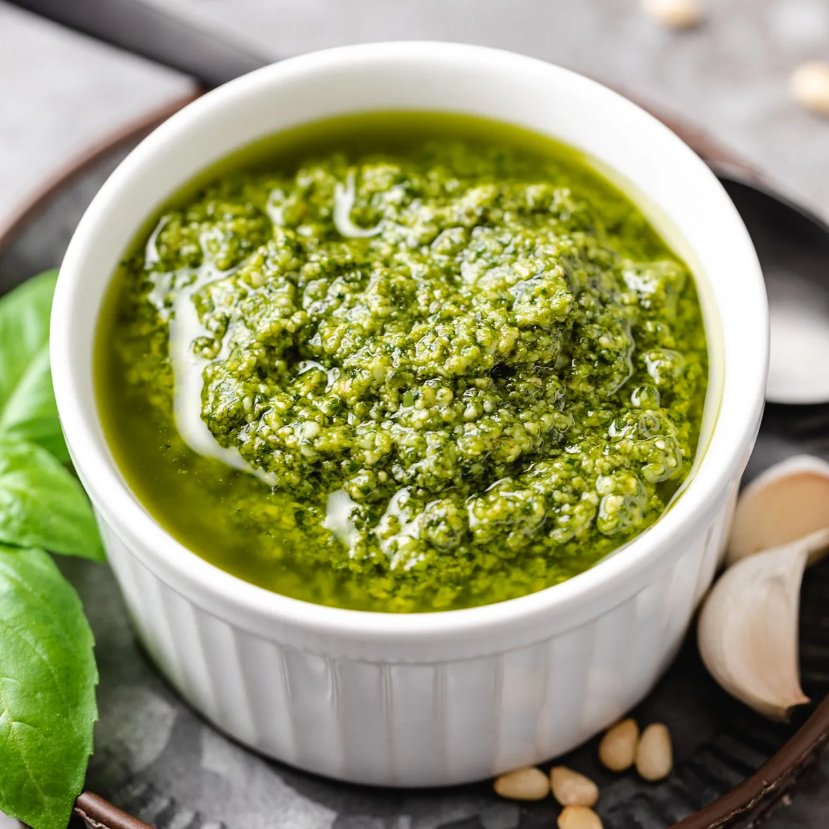 Close up view of basil pesto sauce in a white ramekin.