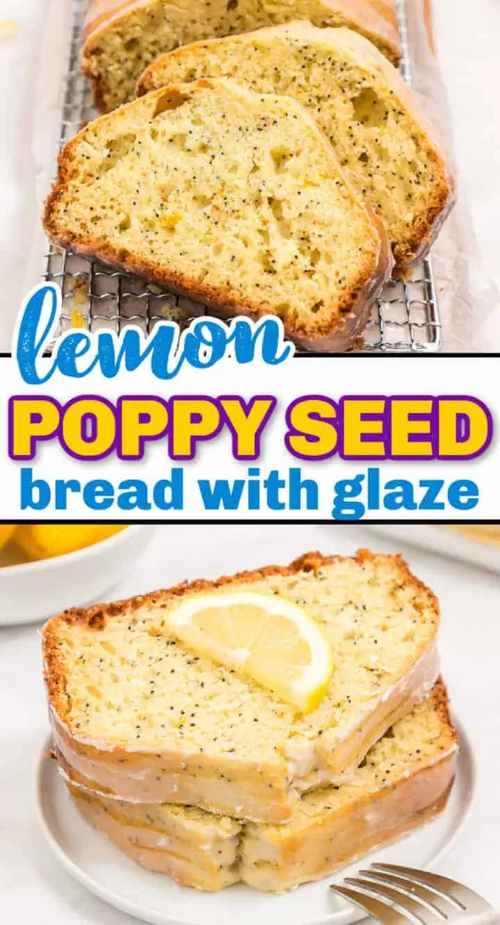 Collage of two photos of lemon poppy seed bread.