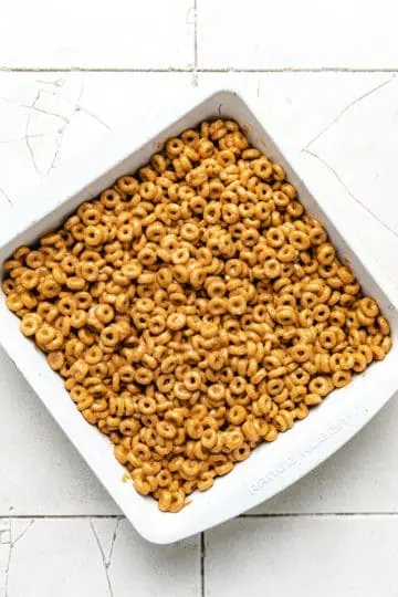 Peanut butter cereal bars mixture press into a pan.