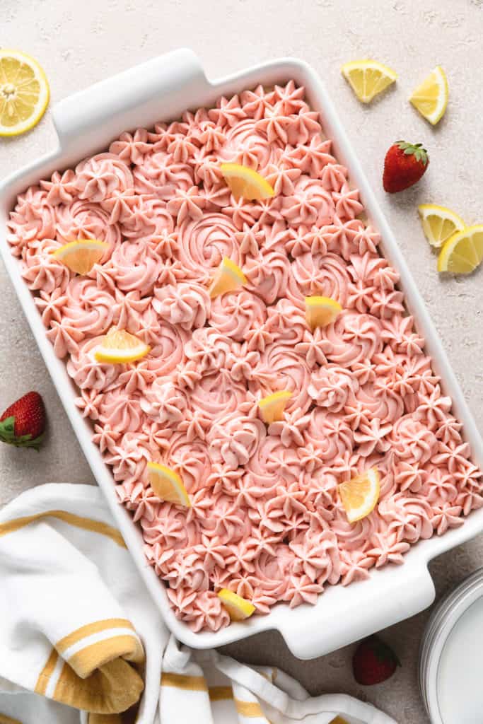 Top down view of a strawberry lemonade cake.