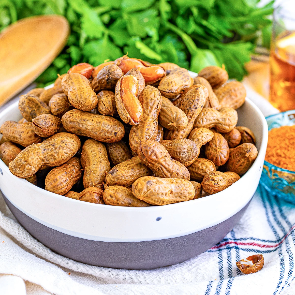 Close up view of a bowl of cajun boiled peanuts.