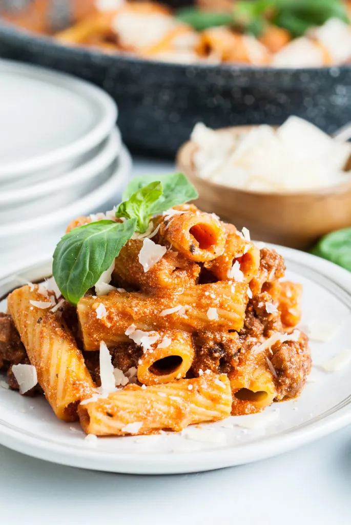 Cheese and basil on top of a plate of pasta noodles.