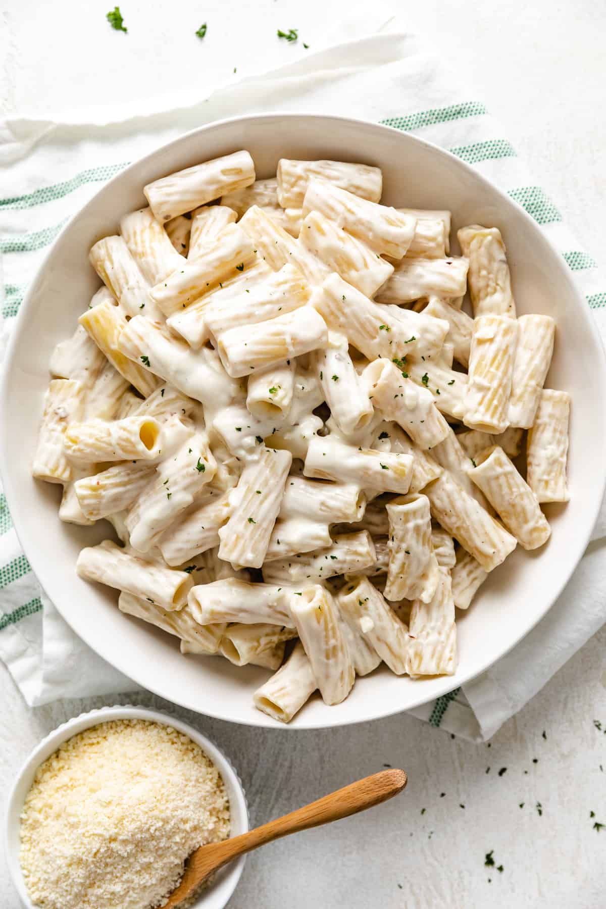 Top down view of cream cheese pasta in a serving bowl.