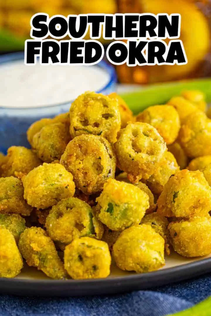 Side view of a plate of fried okra.