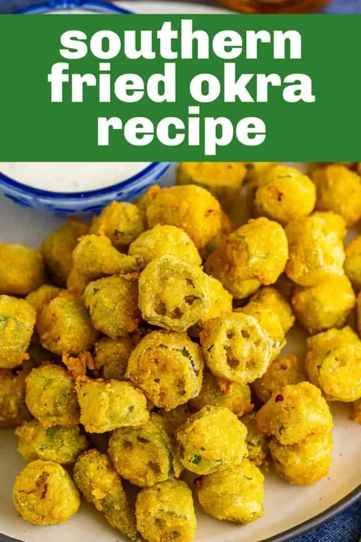 Top down view of a plate of crispy breaded okra.