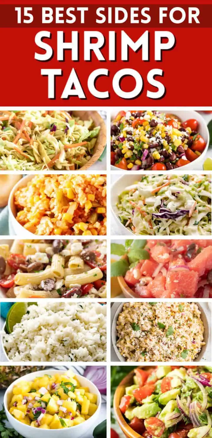 Collage of photos showing what to serve with shrimp tacos.