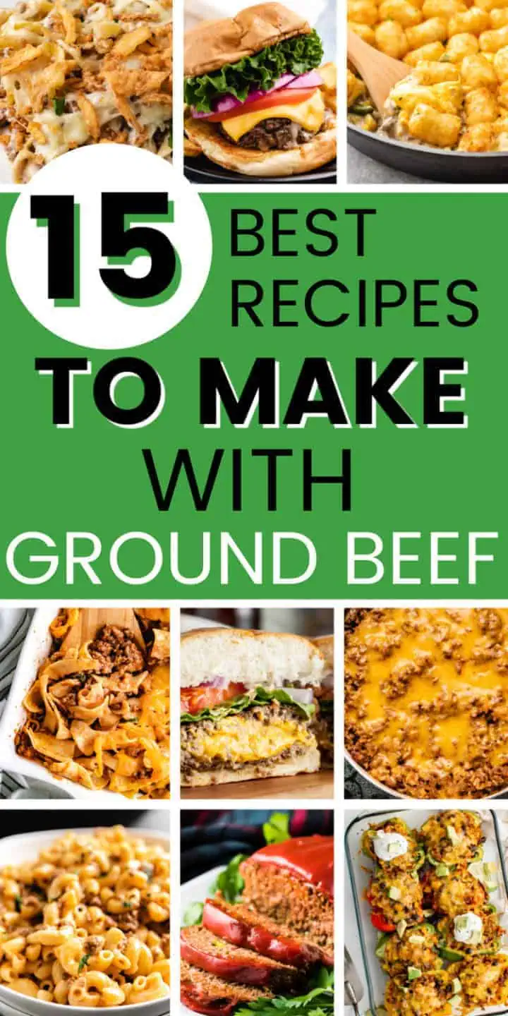 Collage showing photos of ground beef recipes.