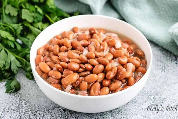 Side view of a bowl of beans.