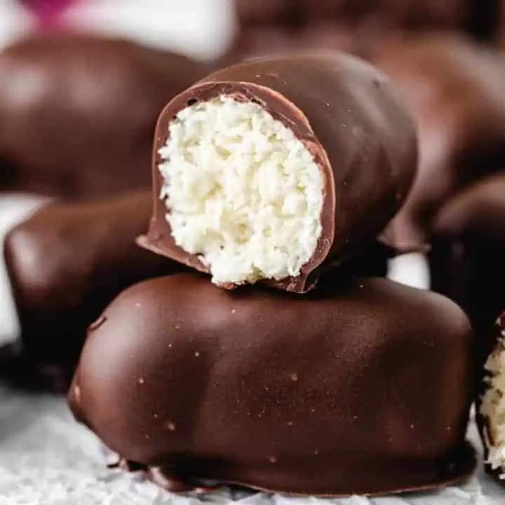 Close up view of a coconut chocolate bar.