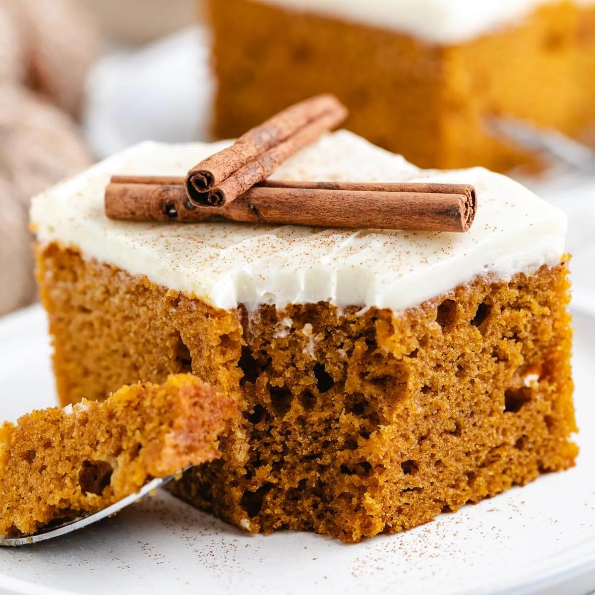 Close up view of pumpkin cake sprinkled with cream cheese frosting.