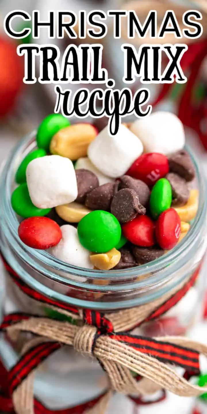 Holiday ribbons on a jar of christmas snacks.