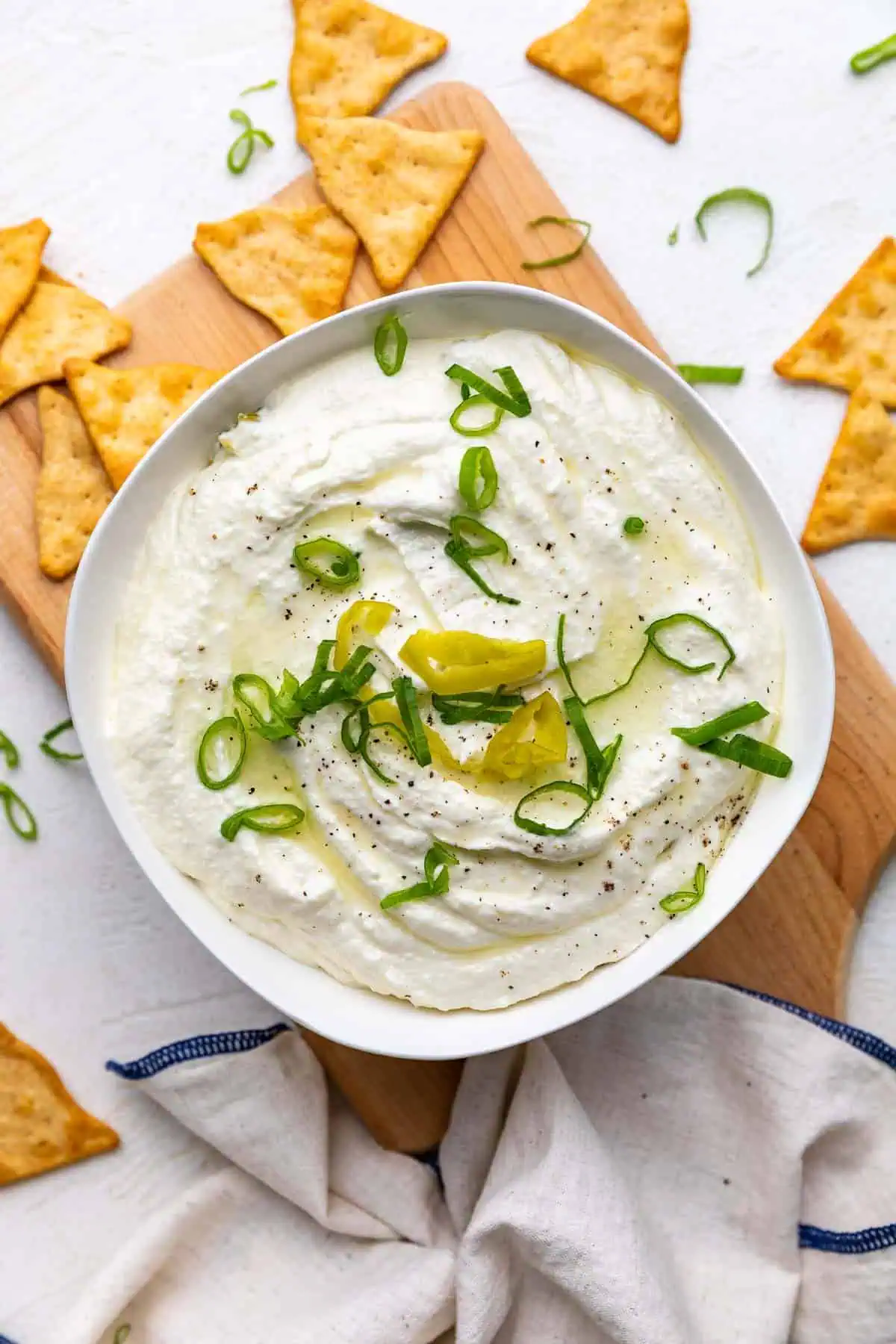 Top down view of feta dip in a bowl.