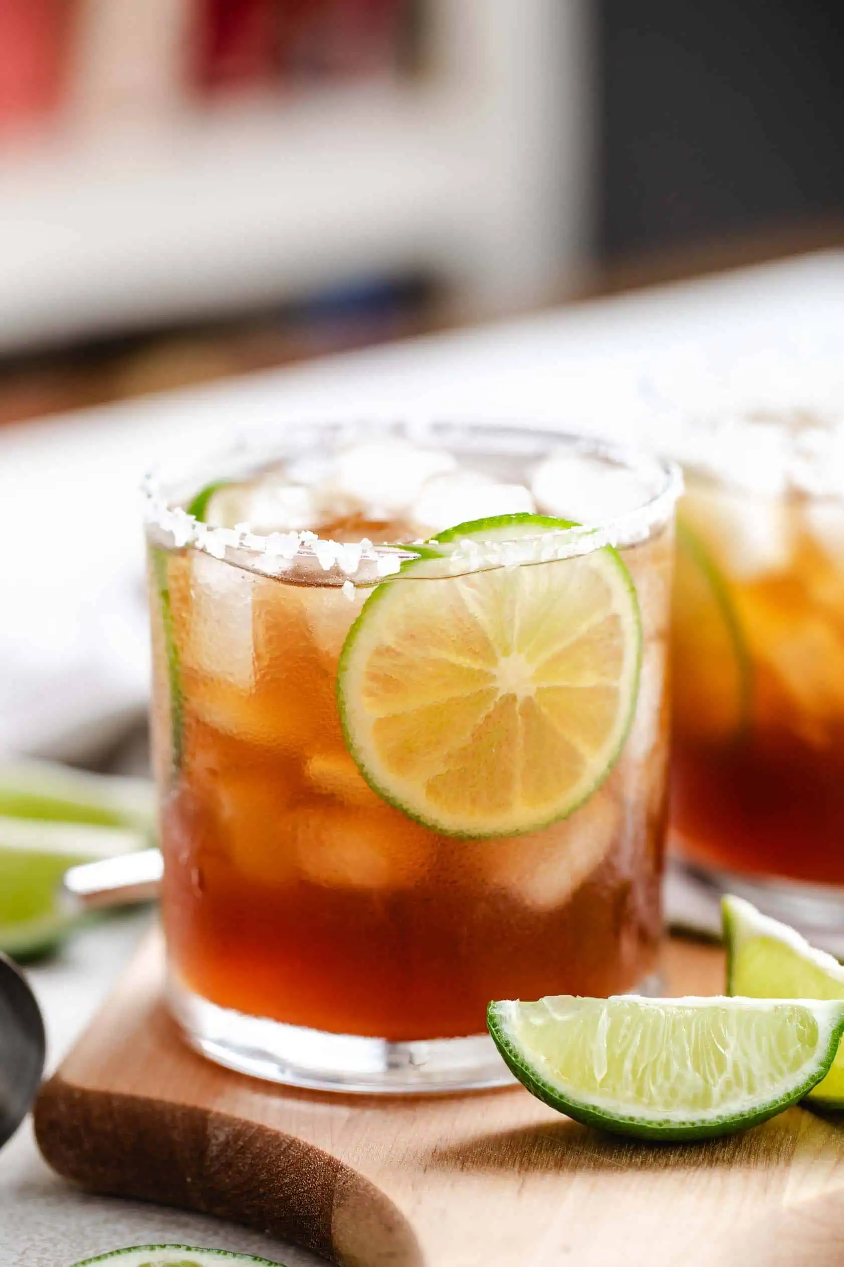 Coffee margarita in a glass with a salt rim.