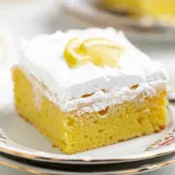 Close up view of a slice of cake on a plate.