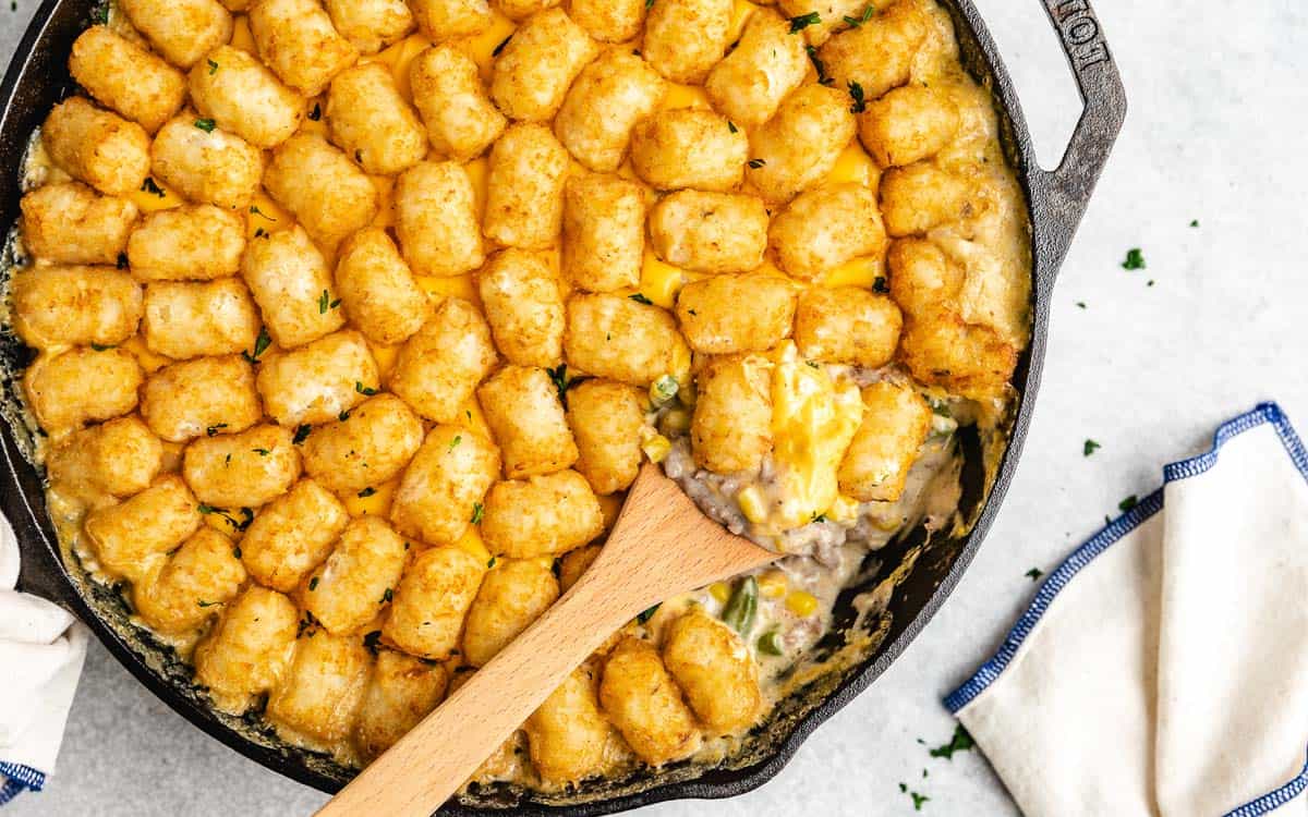 Tater tots on top of beef casserole.