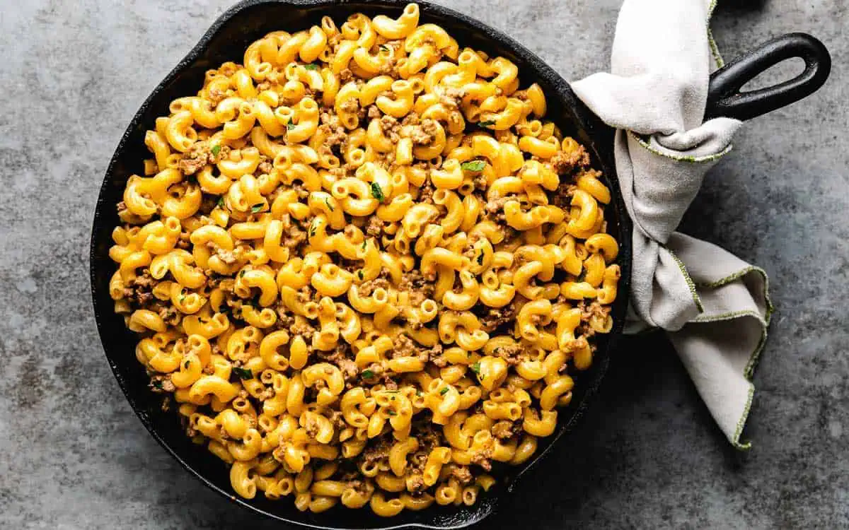 Top down view of hamburger helper in a pan.