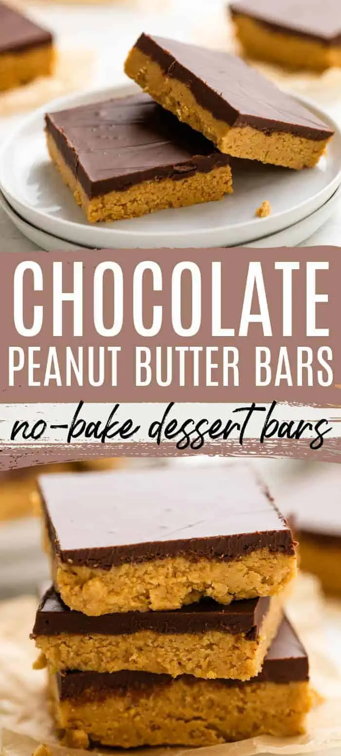 Two photos of peanut butter bars with chocolate in a collage.