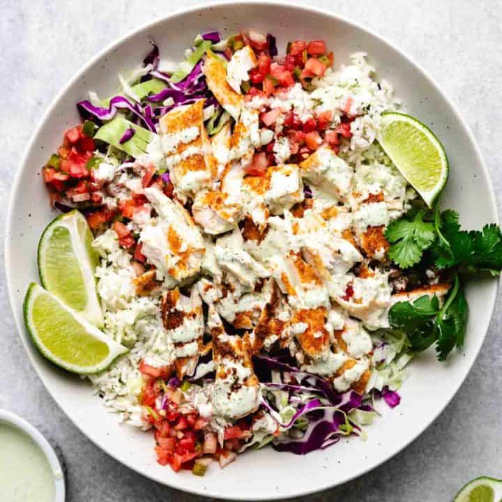 Top down view of a fish taco bowl.